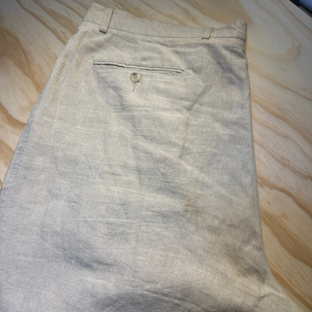 Perry Ellis Men's Pleated Linen Cotton Blend Trousers Beige Cuffed Pants Size 42